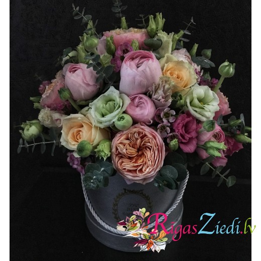 Flower box with roses Vuvuzela and ranunculus