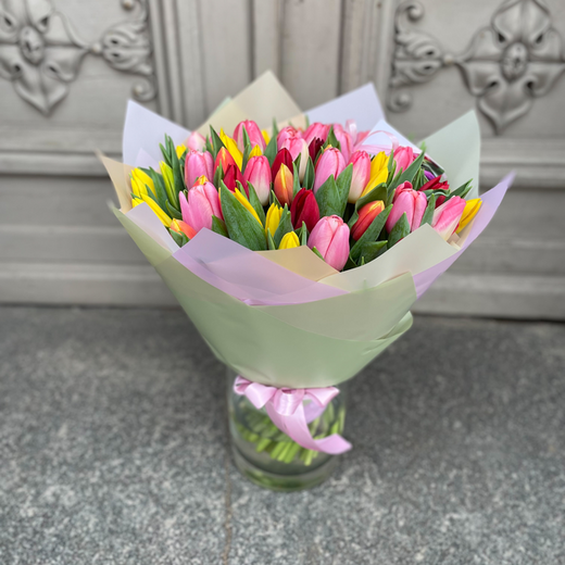 51 dažādu krāsu tulpe dekoratīvā iepakojumā