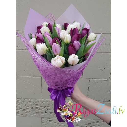 Bouquet of white and purple tulips