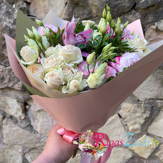 A bouquet of peonies, rose bushes, eustoma