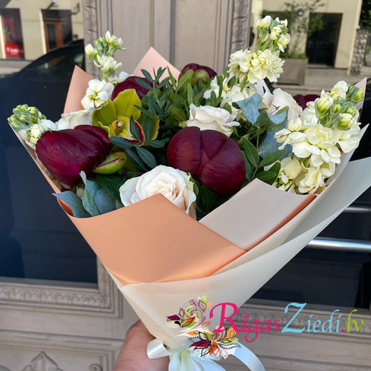 A bouquet of peonies, roses, mathiola