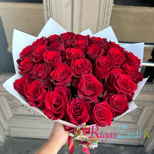 Red roses in white packaging