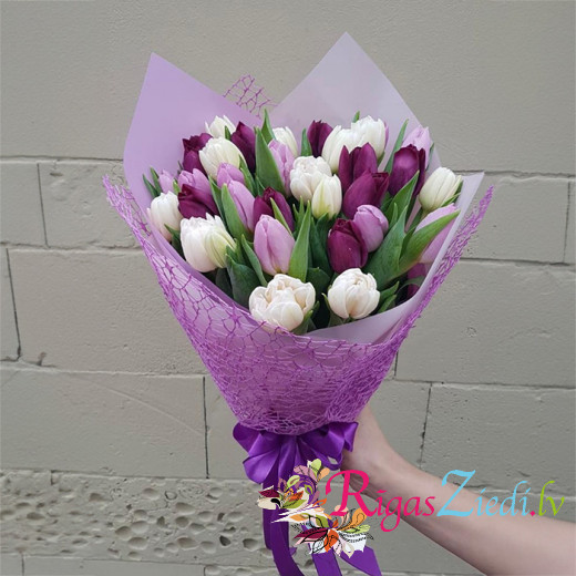 Bouquet of white and purple tulips