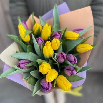 ​Bouquet of yellow and purple tulips