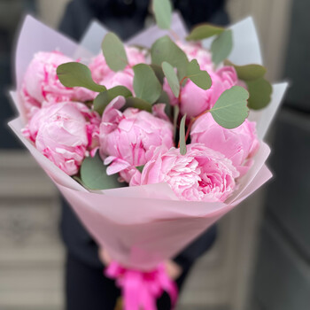 Pink peonies with eucalyptus