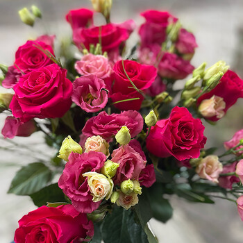 ​Raspberry-colored roses and lisianthus