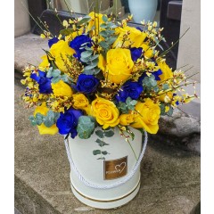 Flower box with yellow and blue flowers